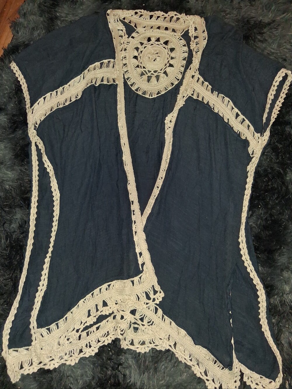 Similar To Fp Sundial Kimono Crochet Trim Navy Open Front Kimono - Cream Accents